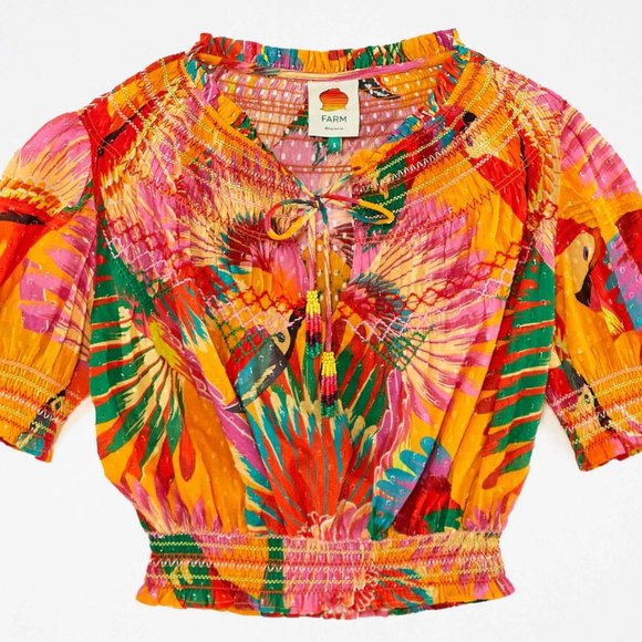 NWOT Farm Rio | Orange Colorful Toucans Embroidered Blouse - Picture 4 of 5